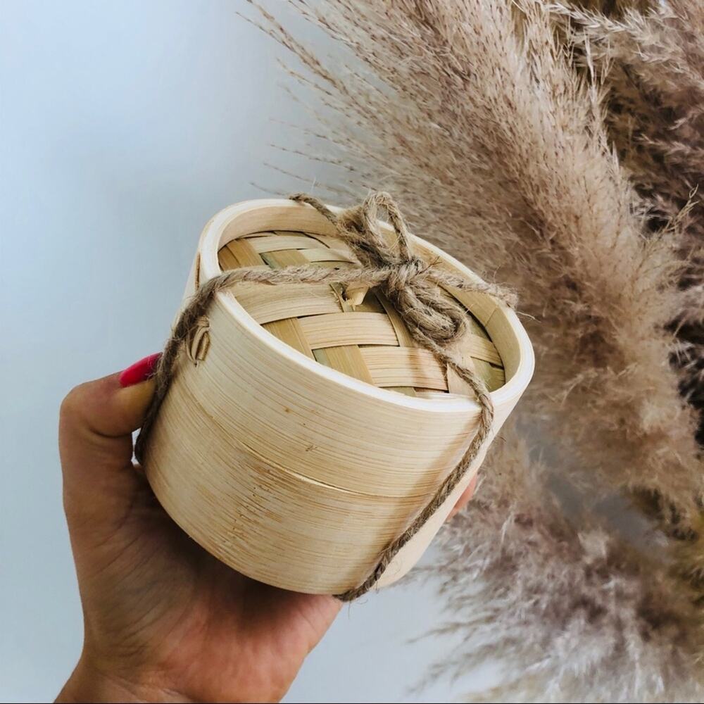 NEW Tan Cream Bamboo Wood Cylinder Circle Storage Soap Dish Container Box